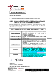 AVANÇ NORMATIVA COPA FEDERACIÓ 2ª CATALANA CADET MASCULINA, TEMPORADA 2024-2025